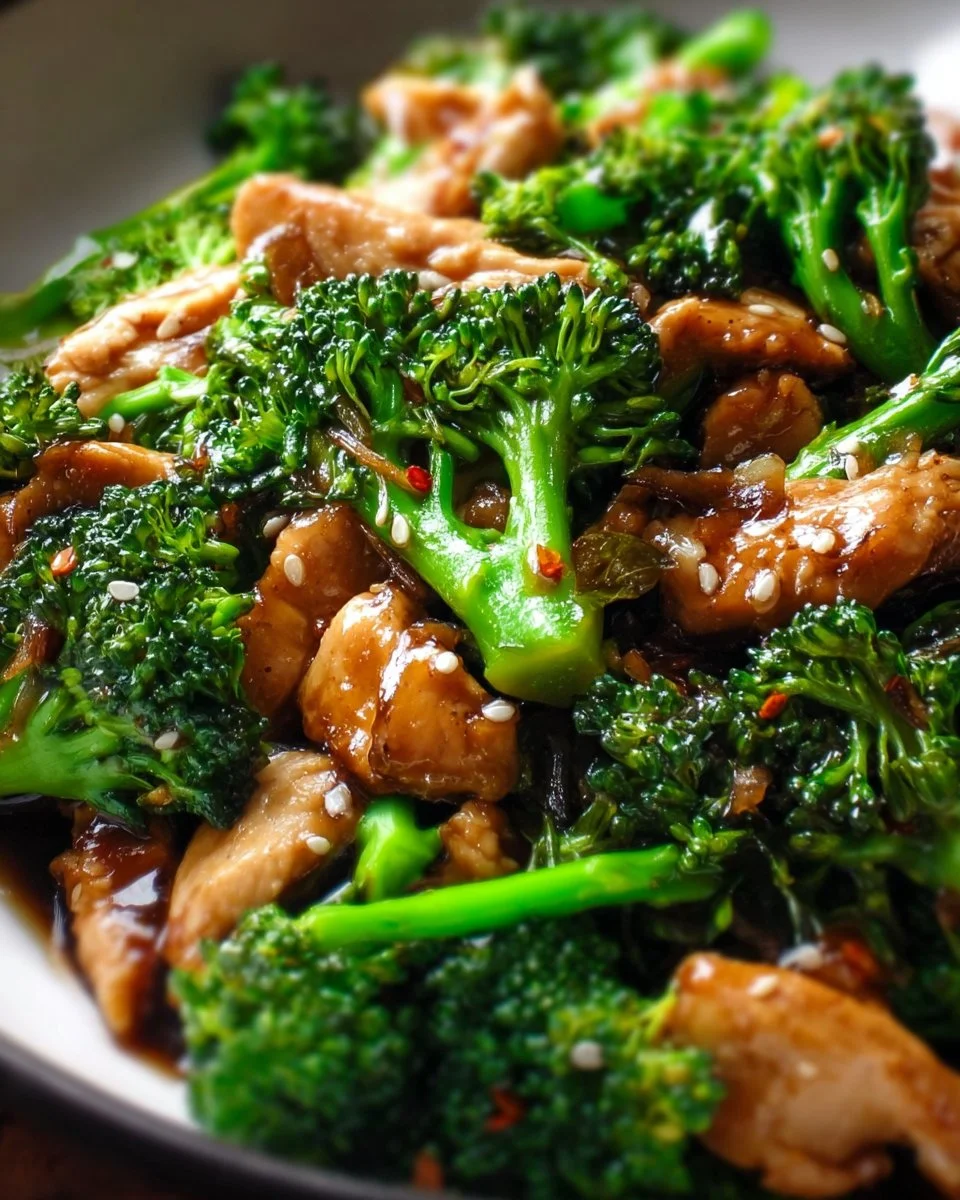 Chinese chicken and broccoli stir fry served in a bowl
