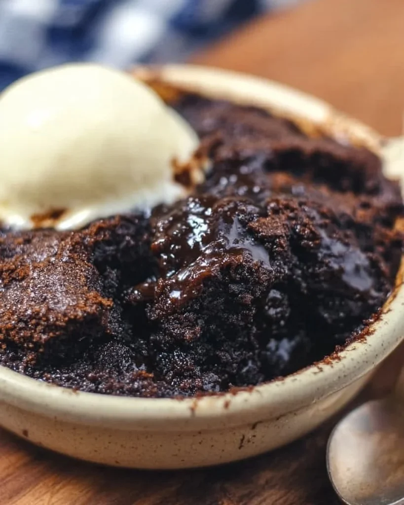 Delicious chocolate cobbler served warm with a scoop of ice cream.