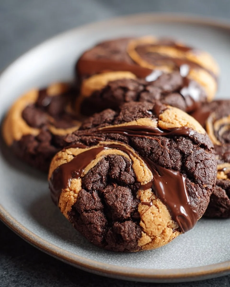 Delicious Chocolate Peanut Butter Swirl Cookies on a plate, ready to enjoy.