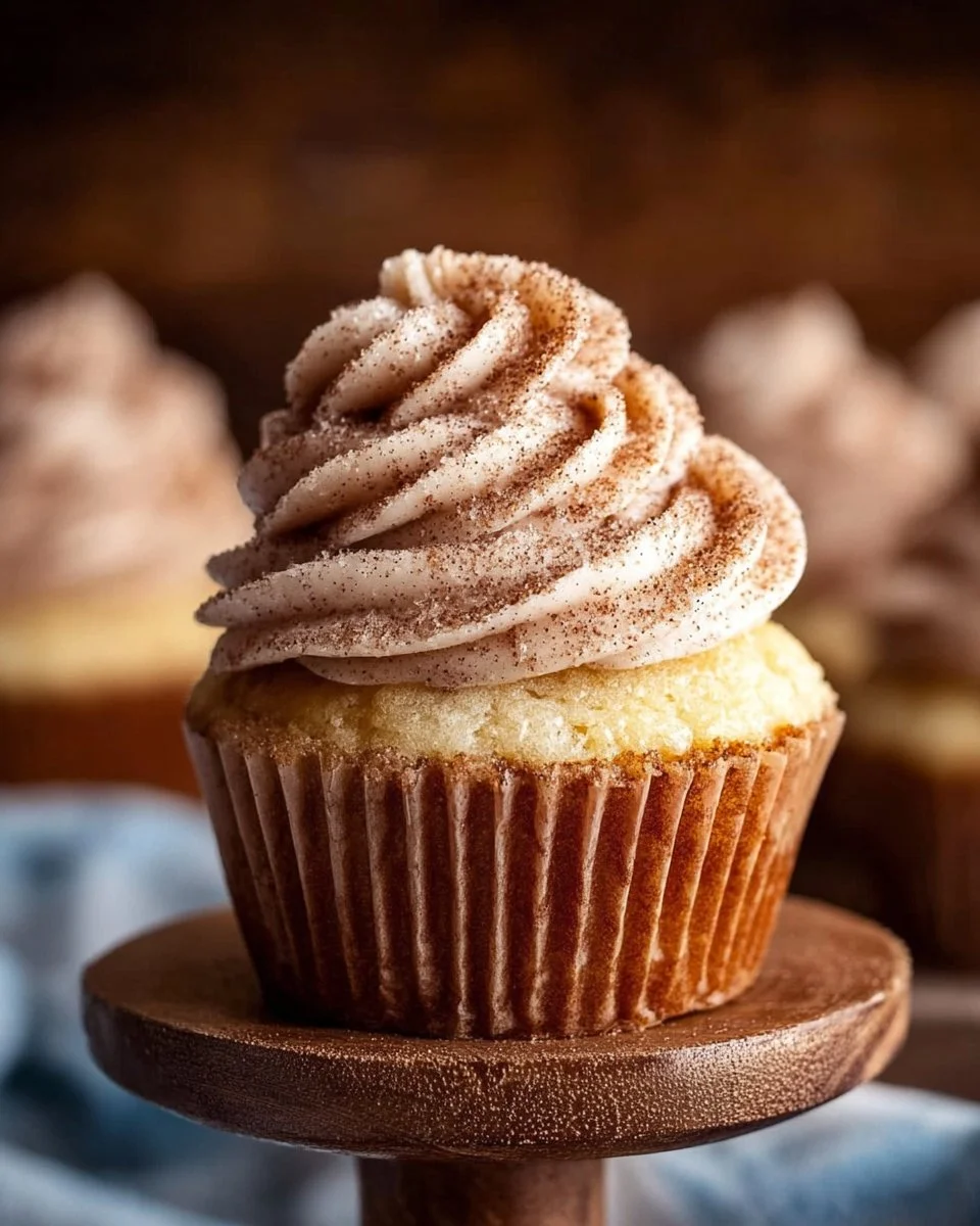 Delicious churro cupcakes topped with cinnamon sugar and frosting