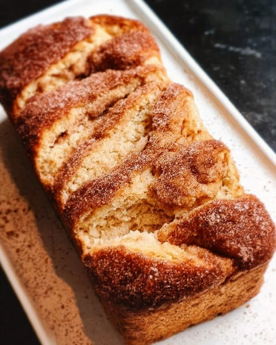 Freshly baked cinnamon bread with a golden-brown crust and swirling cinnamon filling.