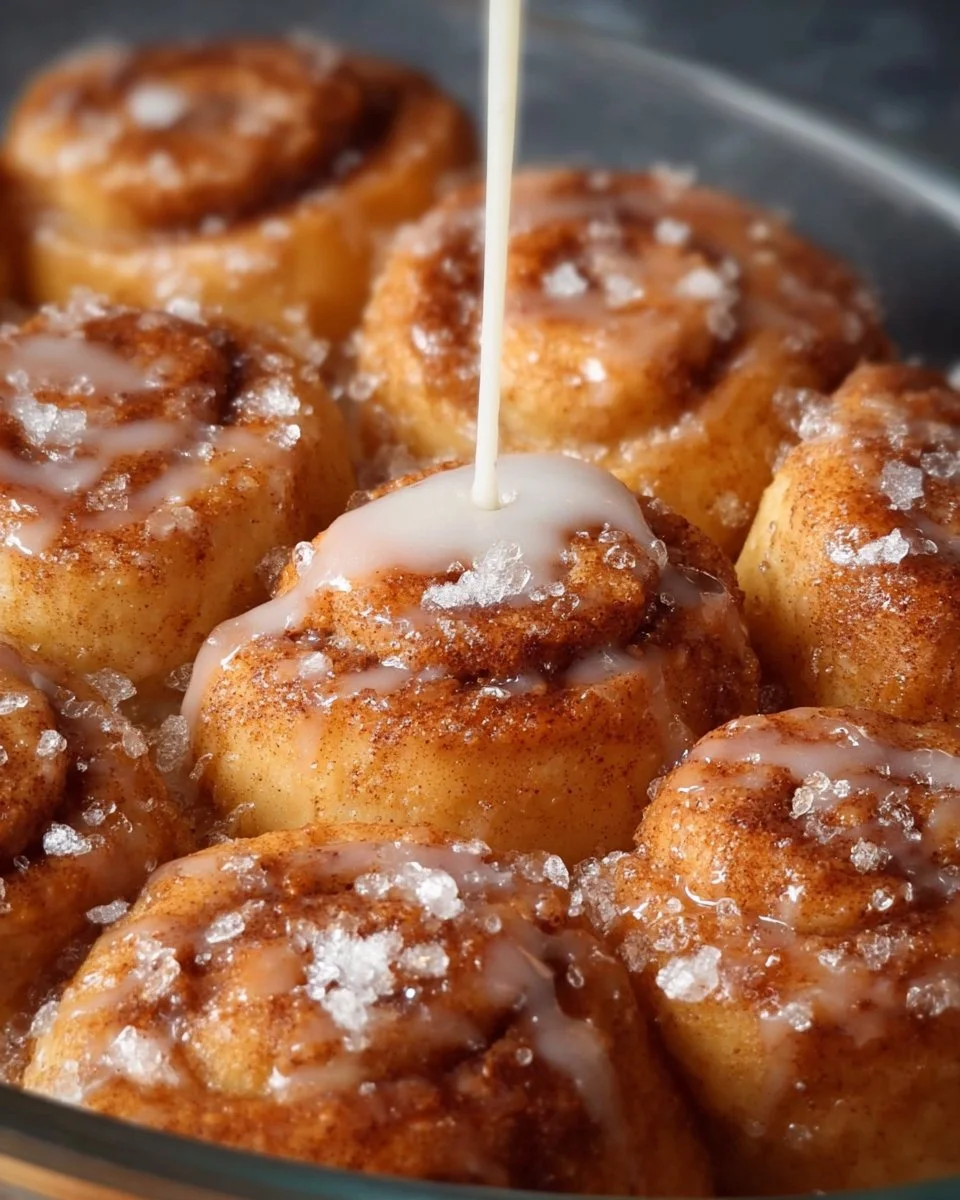 Freshly baked cinnamon roll bites, golden and topped with icing.