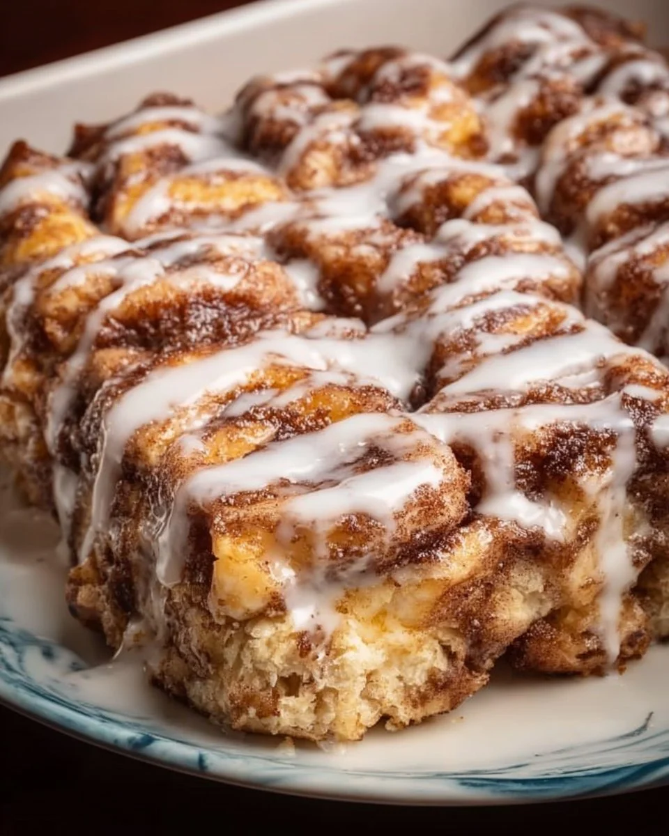 Baked cinnamon roll casserole topped with icing and served on a plate
