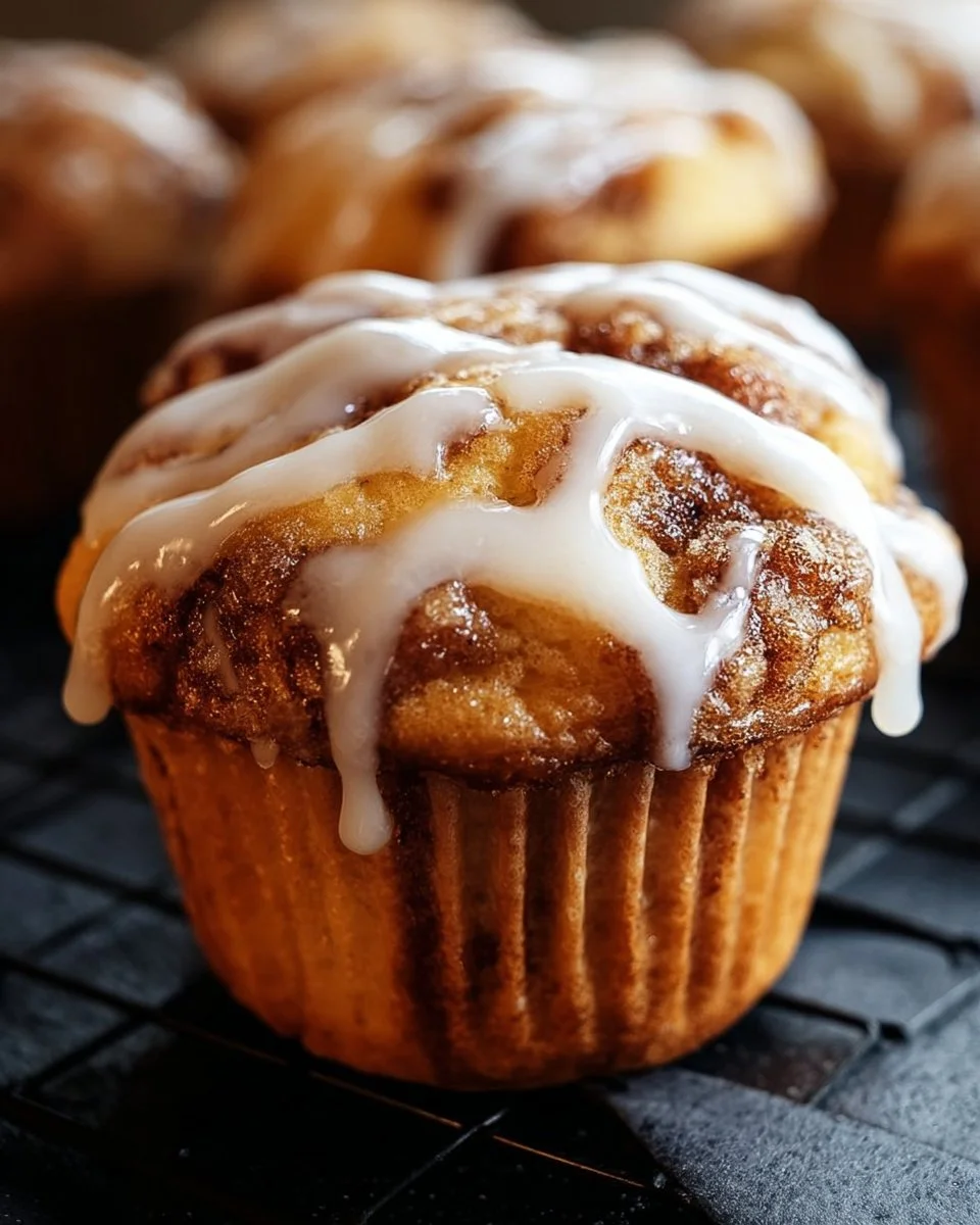 Delicious cinnamon roll muffins with icing on top, perfect for breakfast.