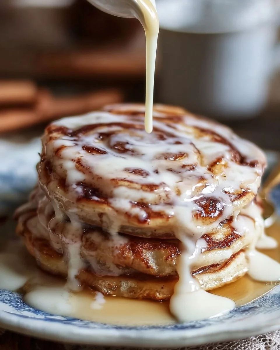 Delicious cinnamon roll pancakes topped with icing on a plate