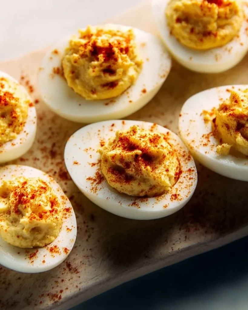 Platter of classic deviled eggs garnished with paprika and herbs