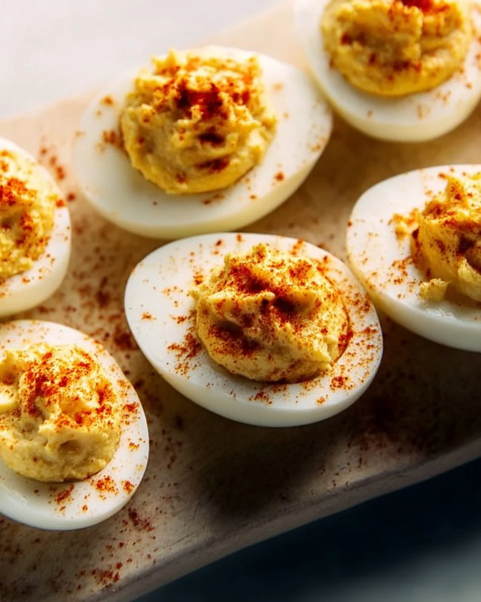 Platter of classic deviled eggs garnished with paprika and herbs