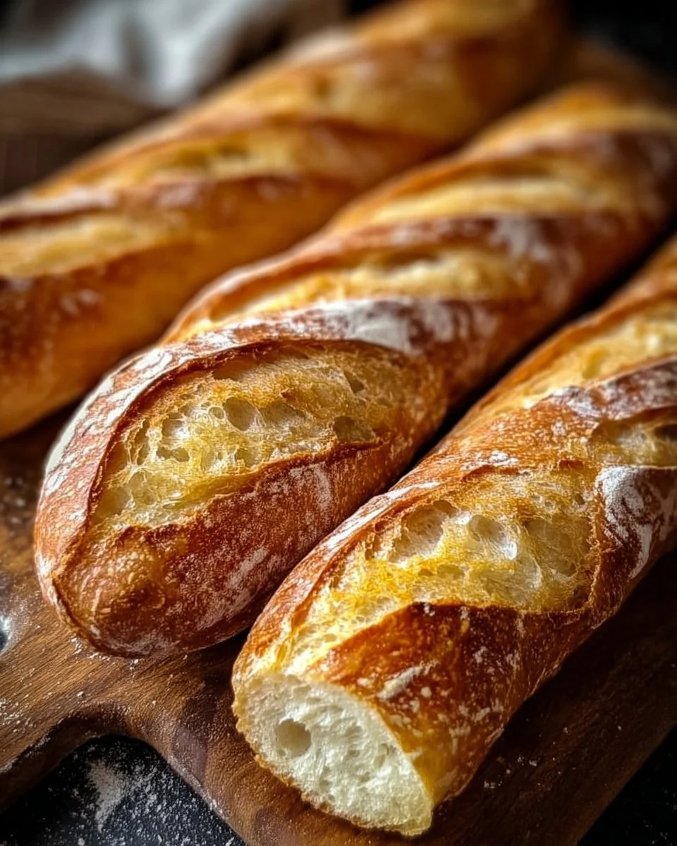 Golden brown classic French baguette fresh out of the oven
