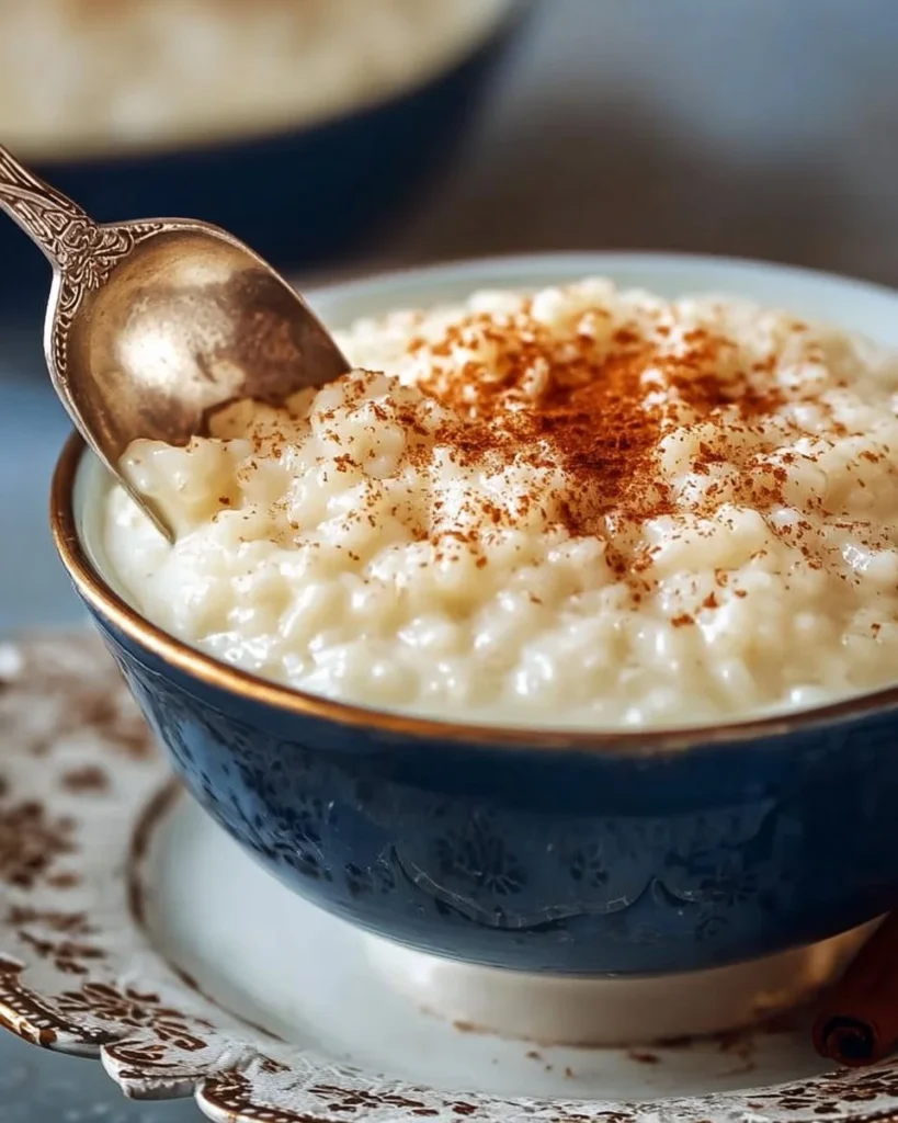 Creamy classic rice pudding served in a bowl with a sprinkle of cinnamon on top.