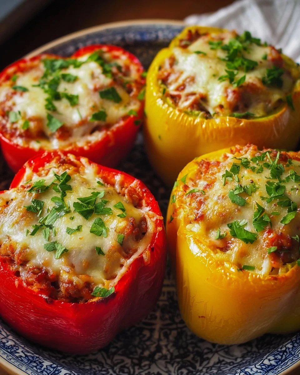 Baked classic stuffed bell peppers filled with rice, meat, and spices