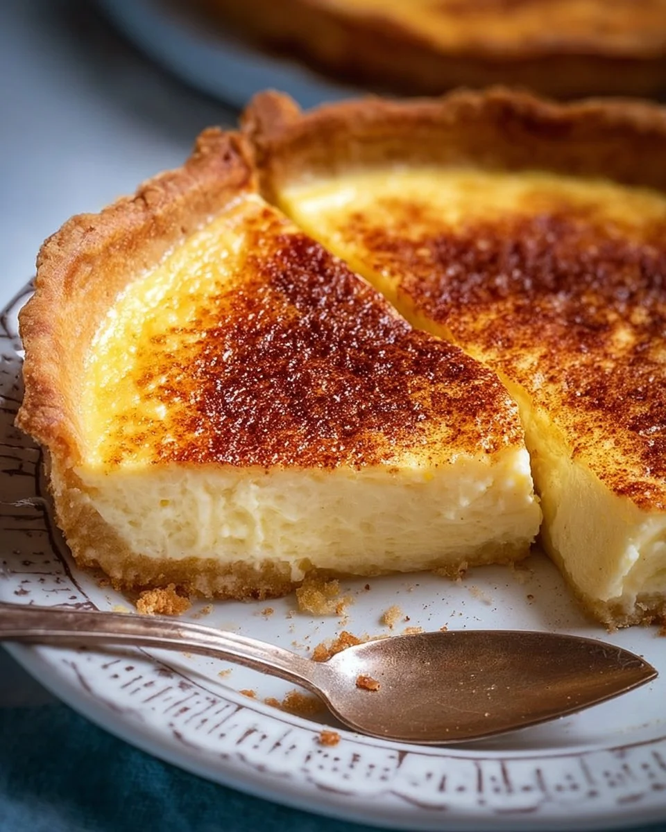 Slice of classic vanilla custard pie on a plate with a decorative crust.