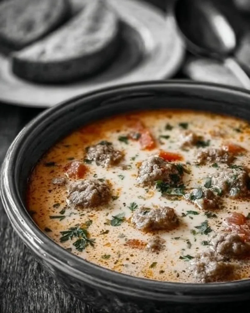 Bowl of comforting Italian sausage soup garnished with creamy Parmesan cheese