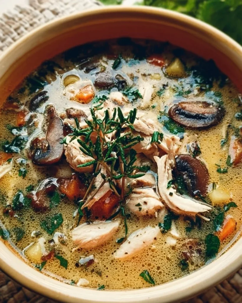 Bowl of comforting rotisserie chicken and mushroom soup with herbs