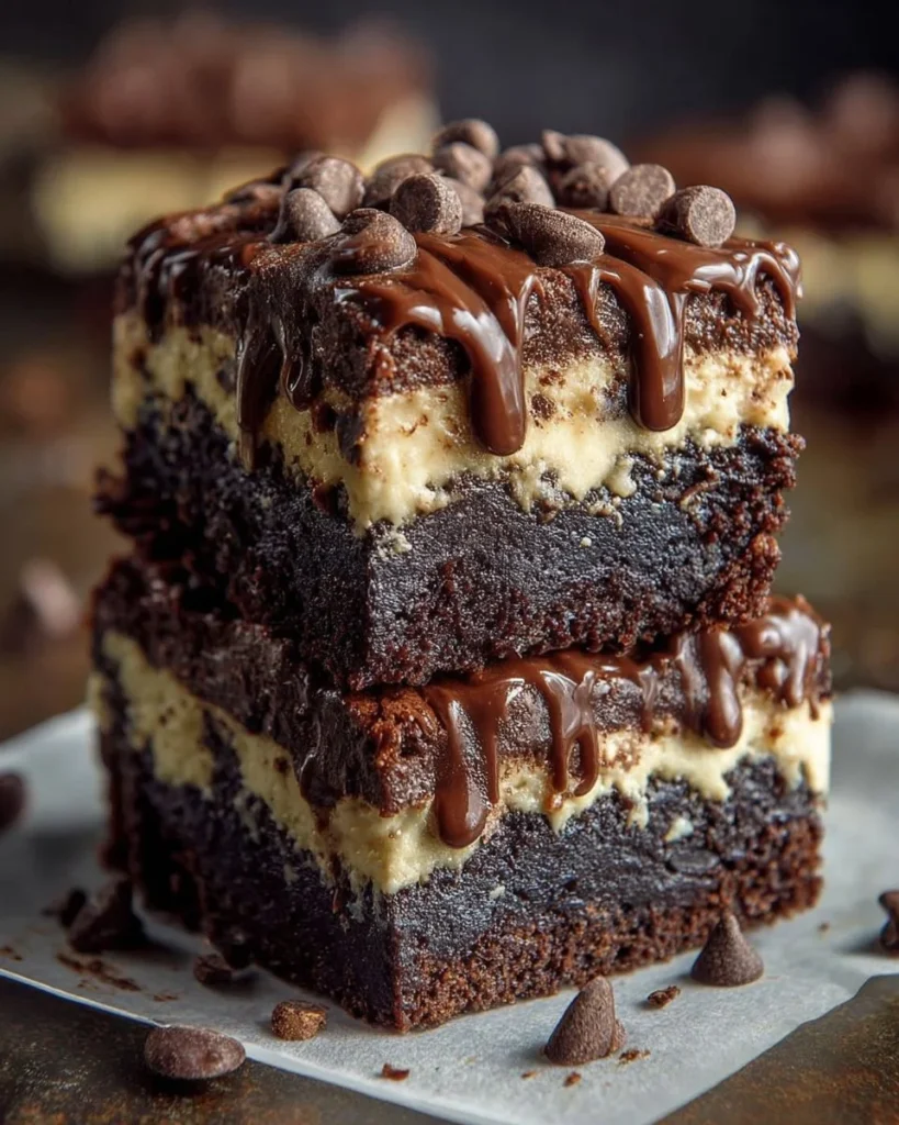 Delicious cookie dough brownie cake with layers of brownies and cookie dough topping