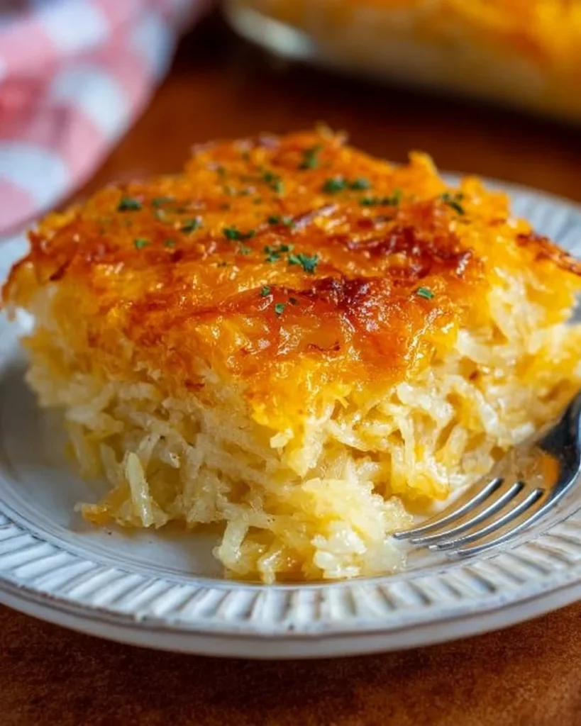 Delicious Copycat Cracker Barrel Hashbrown Casserole topped with cheese and crispy goodness.