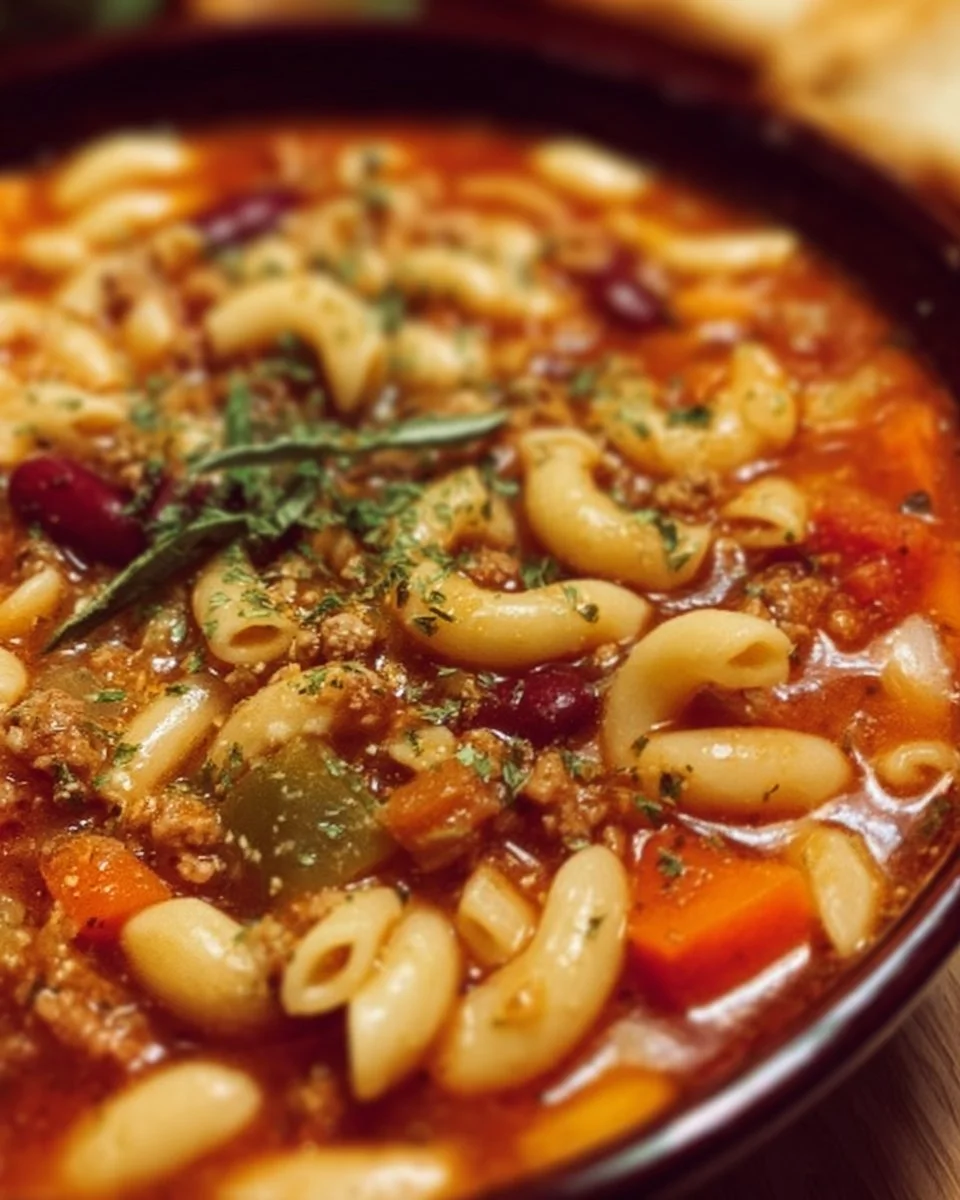 Bowl of Olive Garden copycat pasta e fagioli with beans and pasta