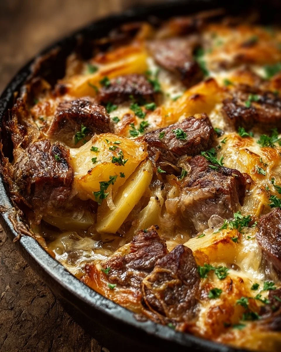 Delicious Cowboy Steak and Potato Casserole in a baking dish
