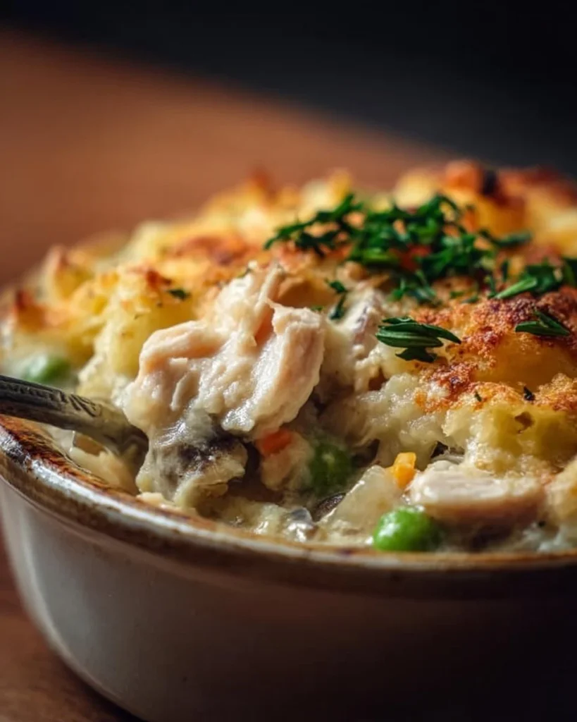 Cozy leftover turkey casserole topped with breadcbs and herbs in a baking dish.