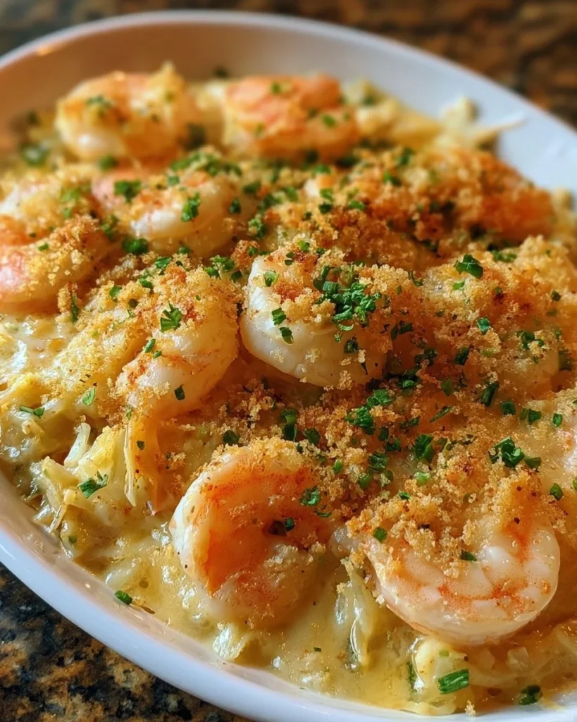 Delicious Crab and Shrimp Casserole with cheese and herbs in a baking dish