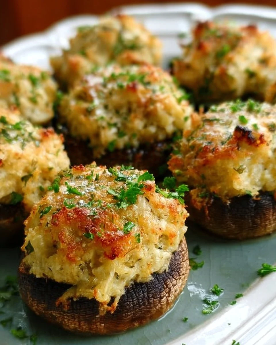Plate of crab stuffed mushrooms ready to serve as a delicious appetizer.