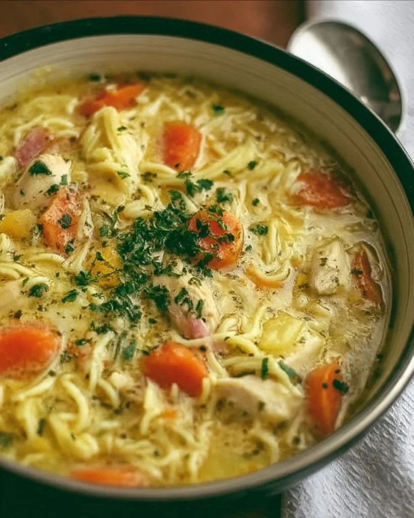 Bowl of Crack Chicken Noodle Soup garnished with herbs and spices