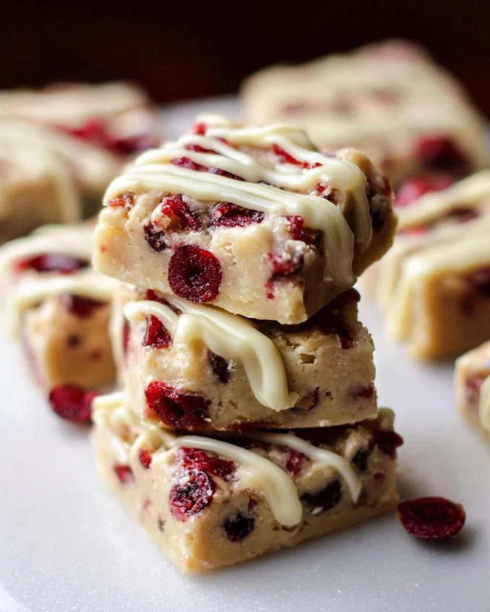 Delicious homemade Cranberry Bliss Bars topped with cream cheese frosting and cranberries