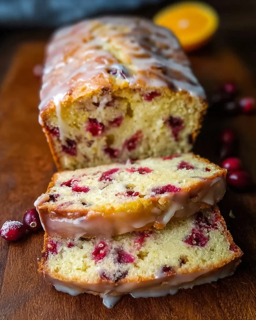 Delicious cranberry bread topped with a sweet orange glaze, perfect for brunch.