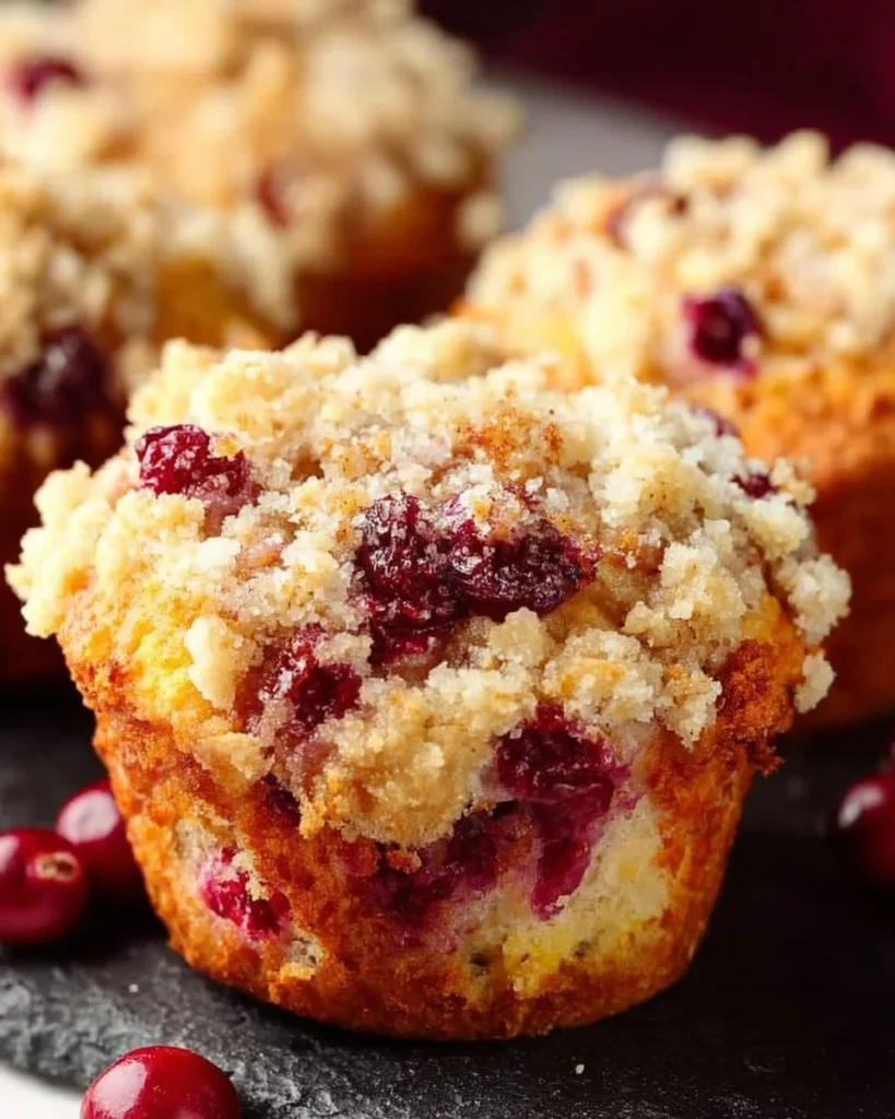 Freshly baked cranberry orange muffins with a cbly streusel topping
