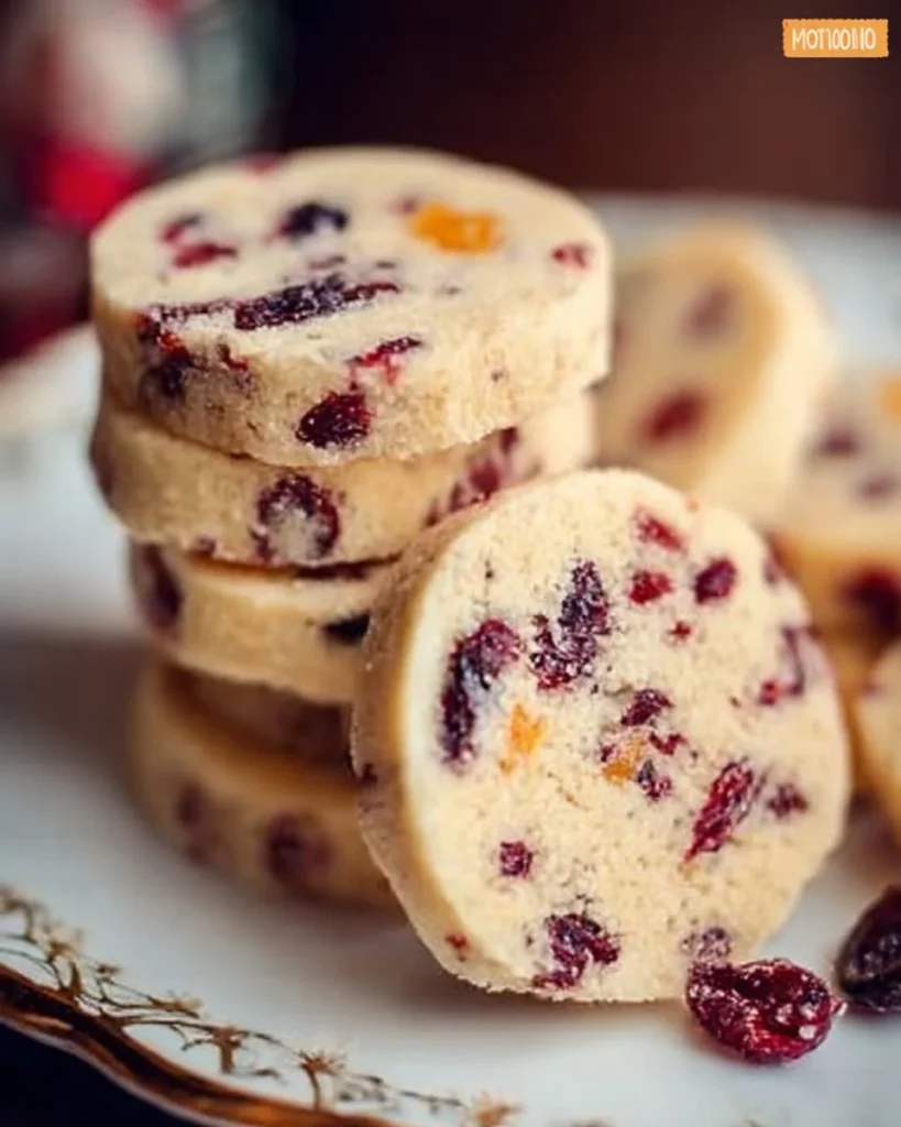 Cranberry orange shortbread cookies arranged on a festive plate
