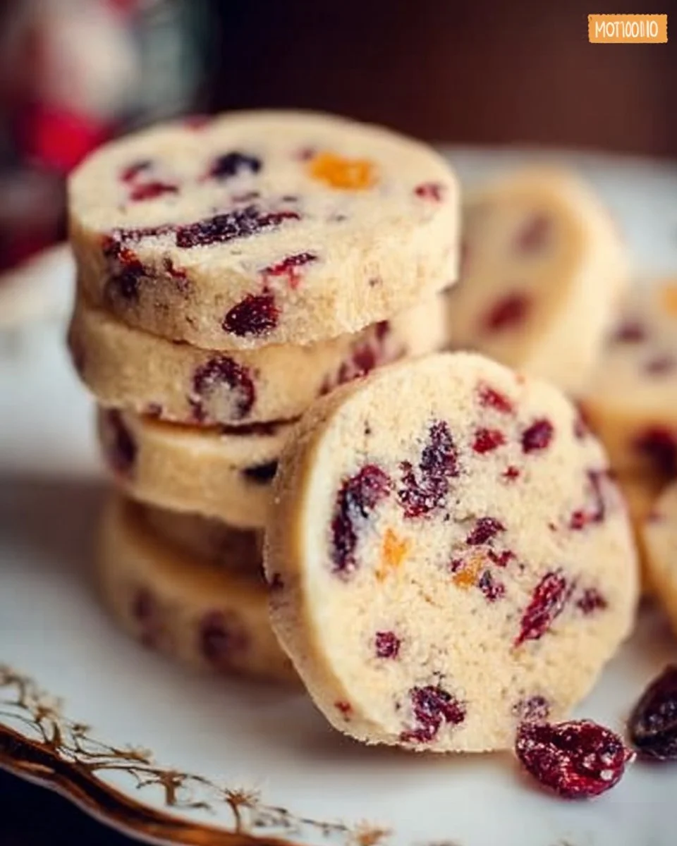 Cranberry orange shortbread cookies arranged on a festive plate