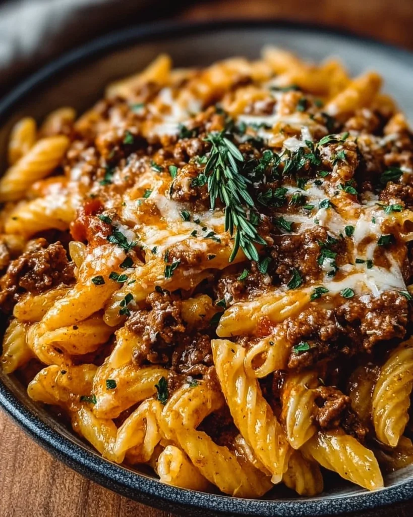Delicious creamy beef pasta served in a cozy dinner setting