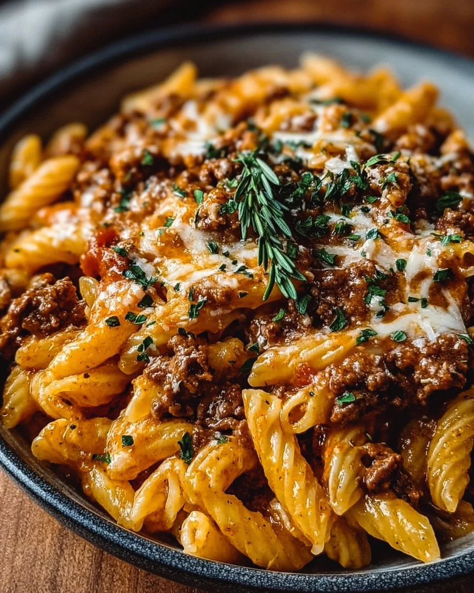 Delicious creamy beef pasta served in a cozy dinner setting
