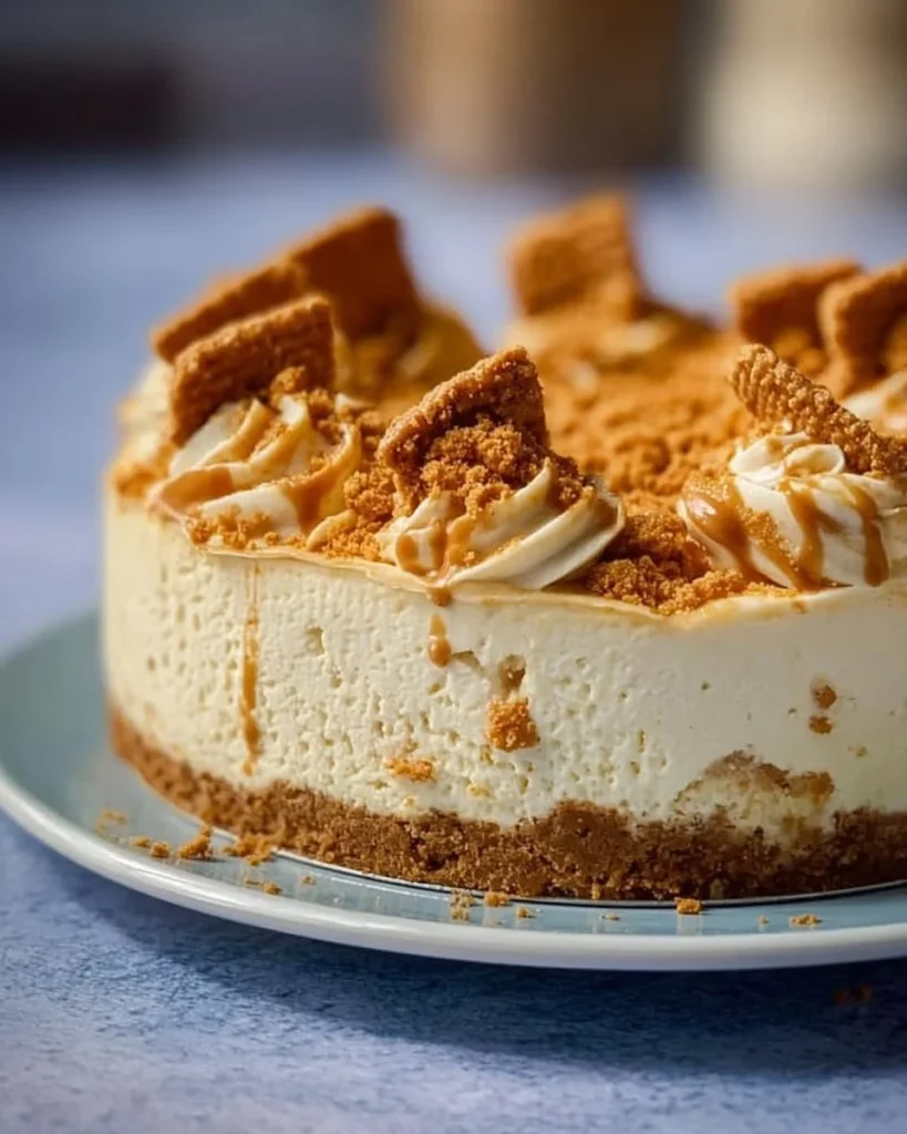 Delicious creamy Biscoff cheesecake with caramel drizzle and Biscoff cookie crust