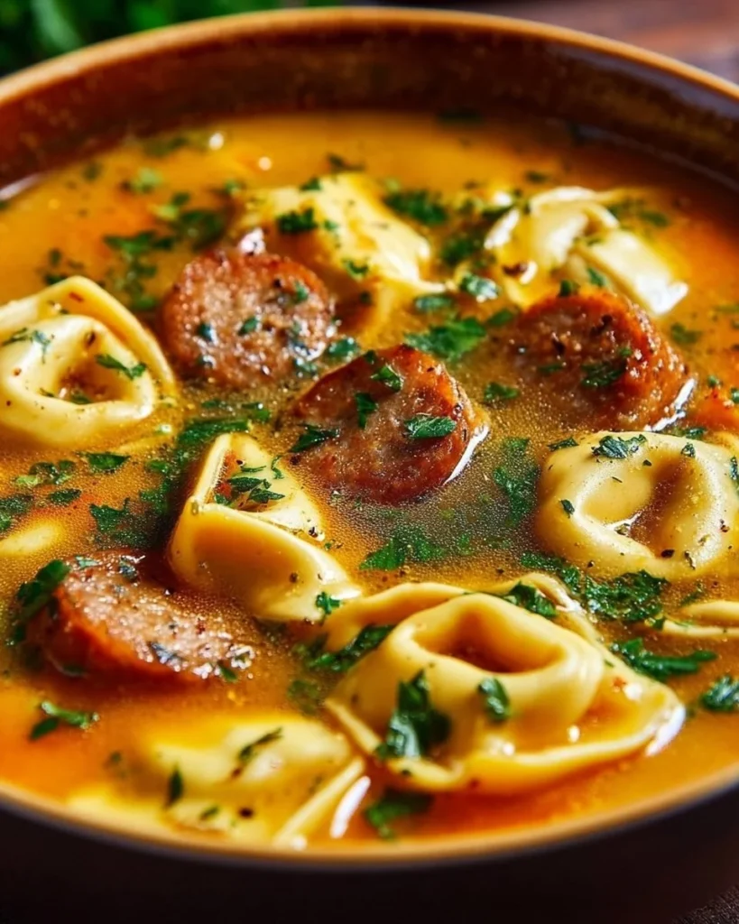 Creamy butternut squash soup with sausage and tortellini in a bowl