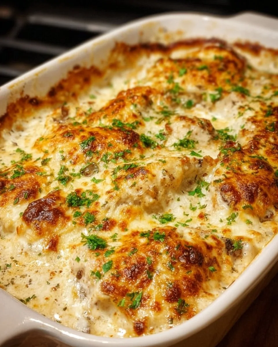 Creamy chicken bake served with vegetables in a dish