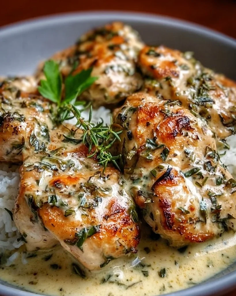 Delicious creamy herb chicken served on a plate with herbs garnish
