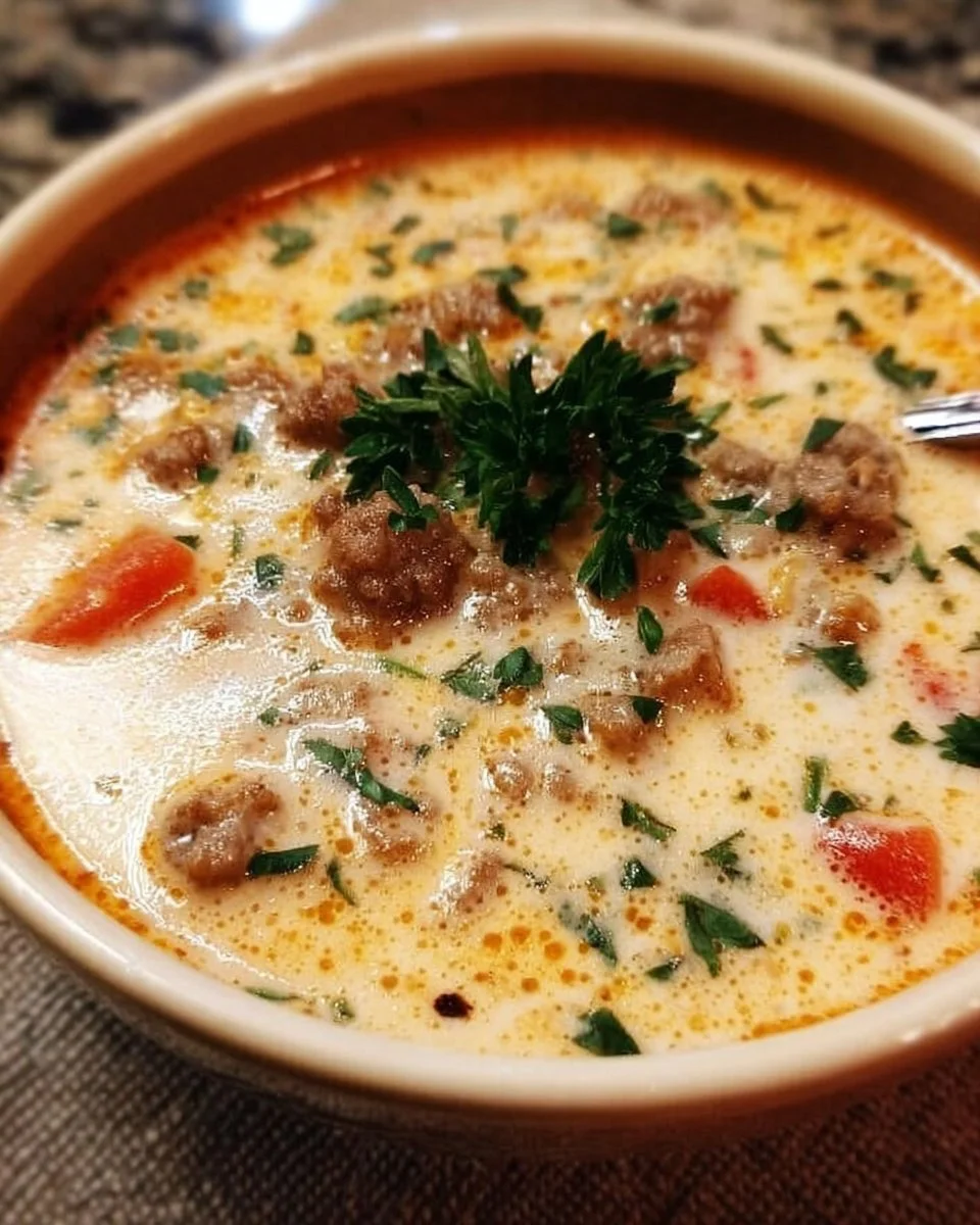 Bowl of creamy Italian Parmesan Sausage Soup garnished with herbs