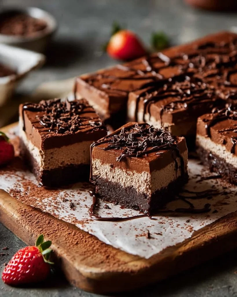 No-bake chocolate cheesecake bars topped with chocolate ganache and crushed biscuits