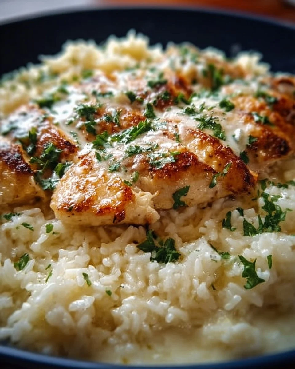 Delicious Creamy Parmesan Chicken served with rice on a plate