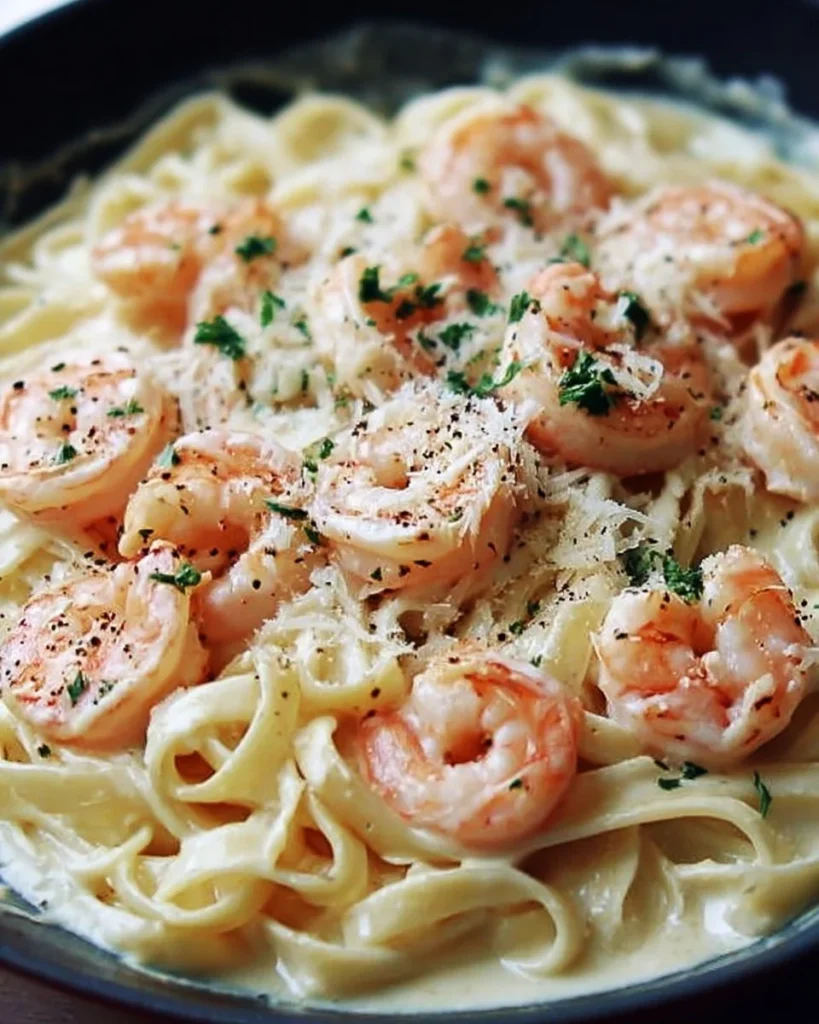 Delicious plate of creamy shrimp Alfredo pasta topped with parsley