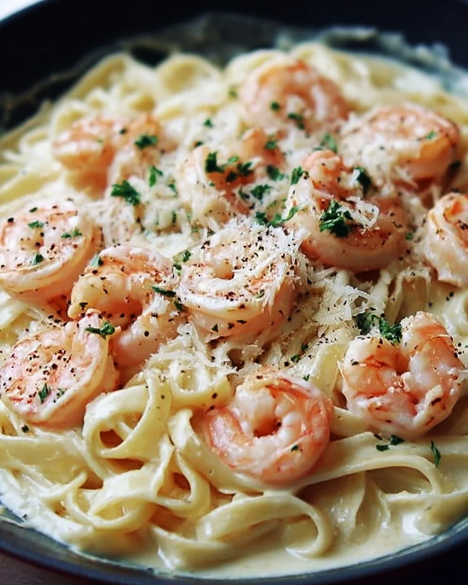 Delicious plate of creamy shrimp Alfredo pasta topped with parsley