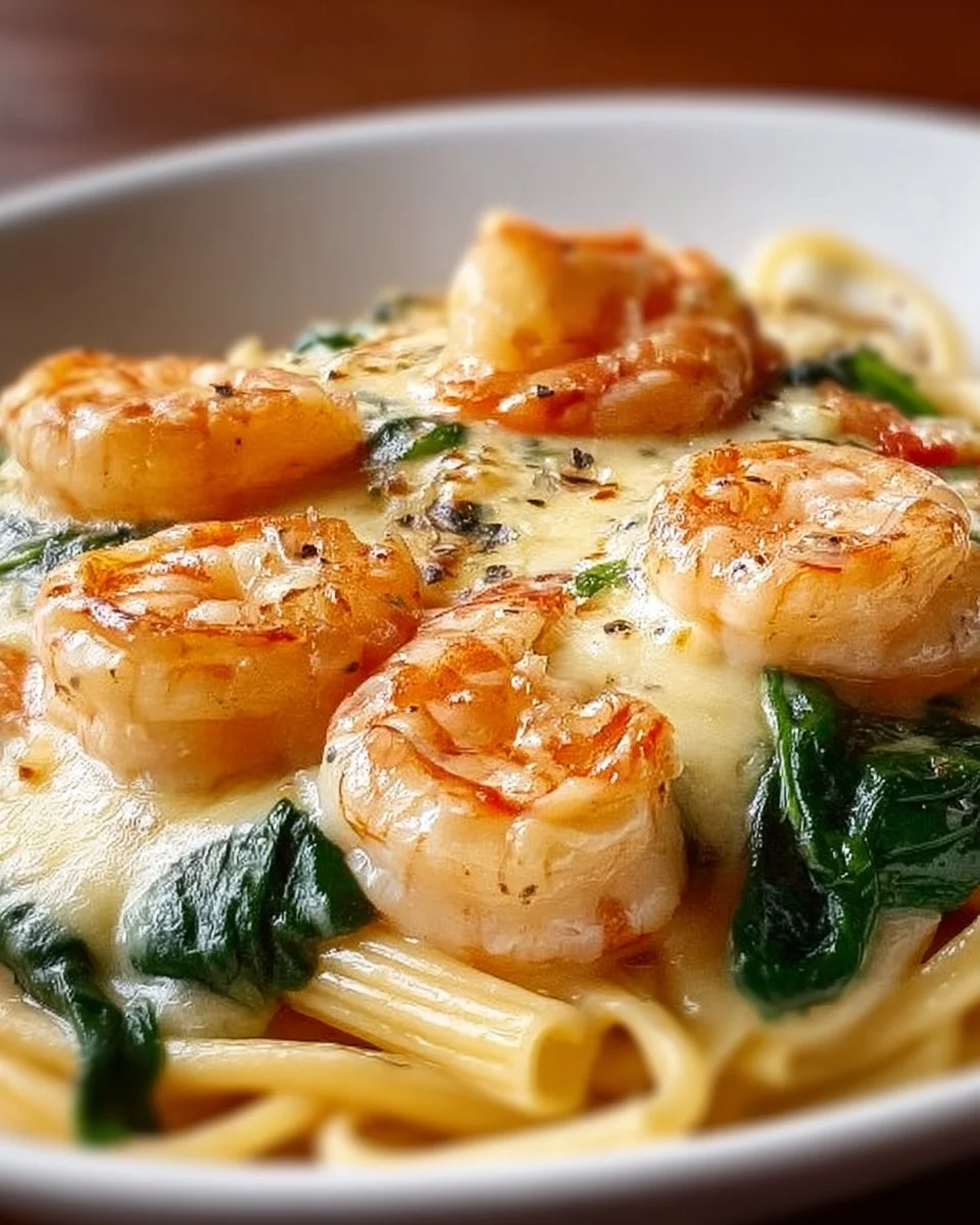Creamy shrimp penne pasta with fresh spinach on a plate