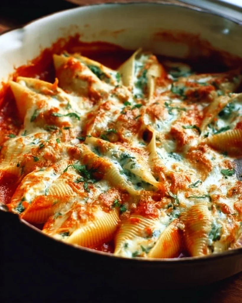 Plate of creamy stuffed shells filled with cheese and herbs