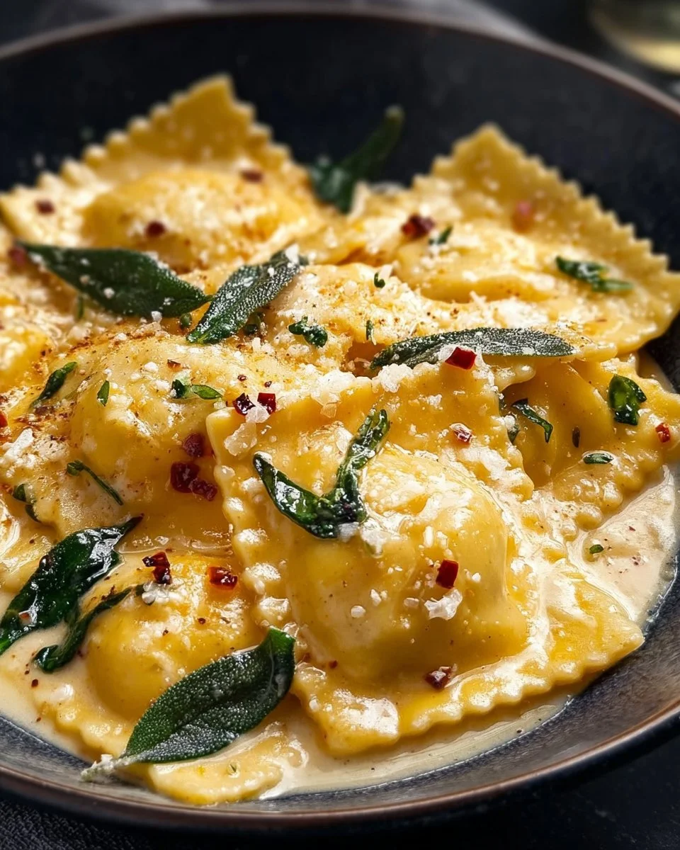 Delicious creamy Tuscan ravioli served with rich sauce and herbs
