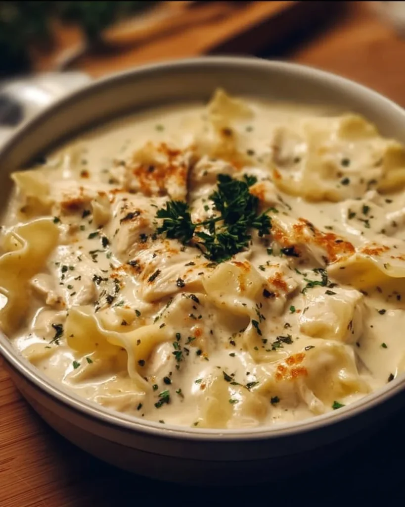 A bowl of creamy white chicken lasagna soup with cheese and herbs garnish.
