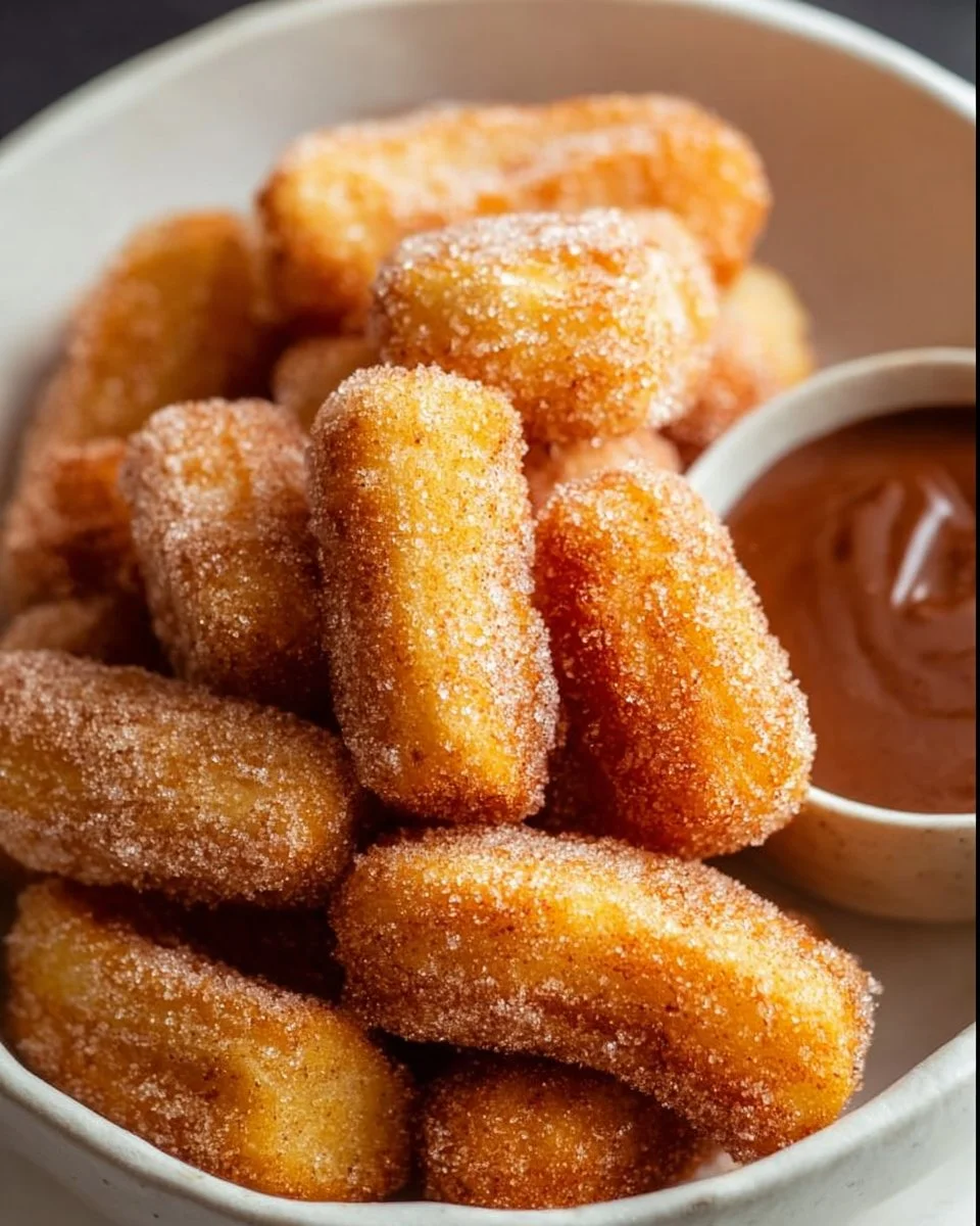 Plate of crispy air fryer churro bites dusted with cinnamon sugar