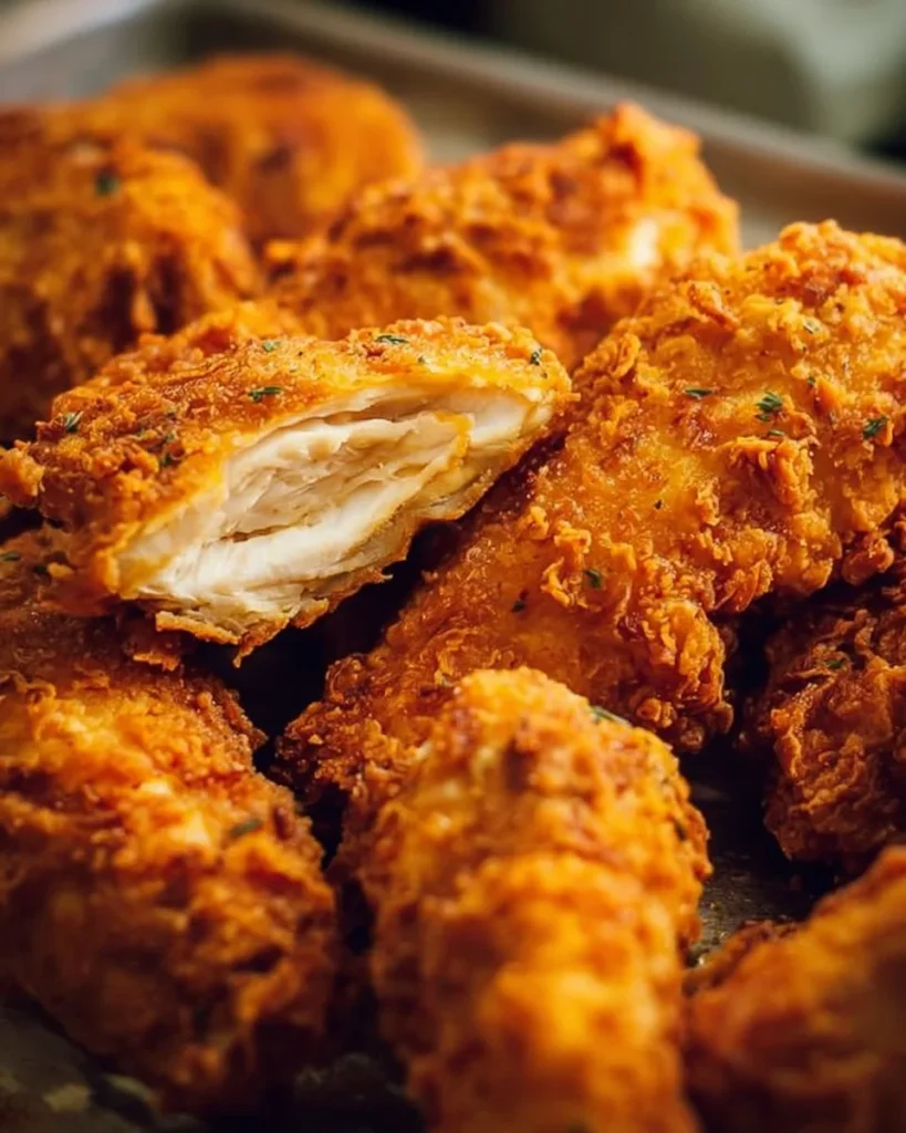 Crispy baked fried chicken on a plate with herbs and spices