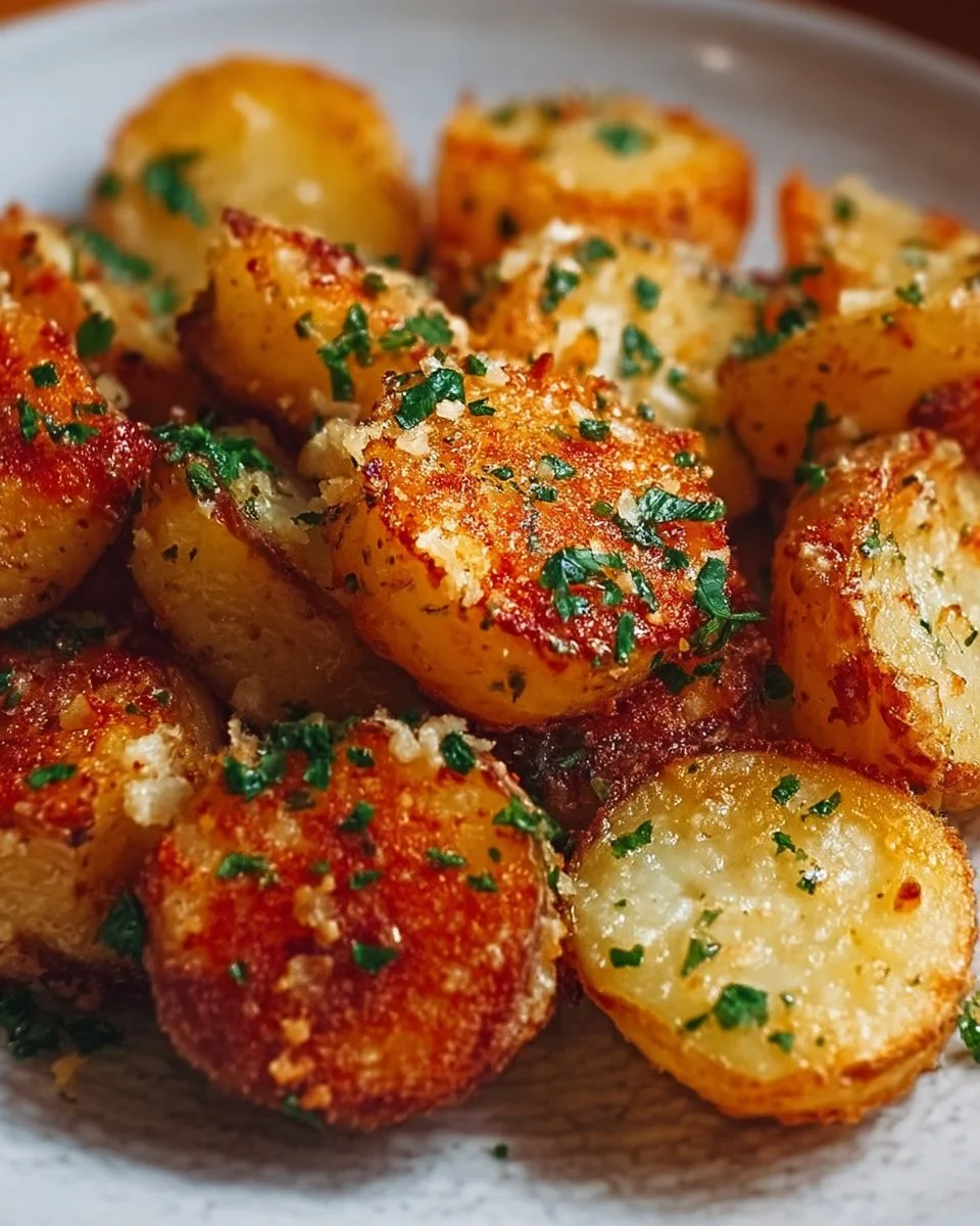 Crispy Garlic Parmesan Crusted Potatoes ready to serve