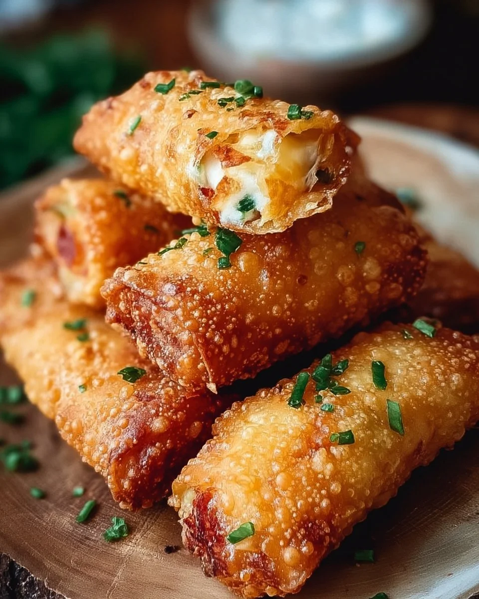 Crispy jalapeno popper egg rolls served with dipping sauce.