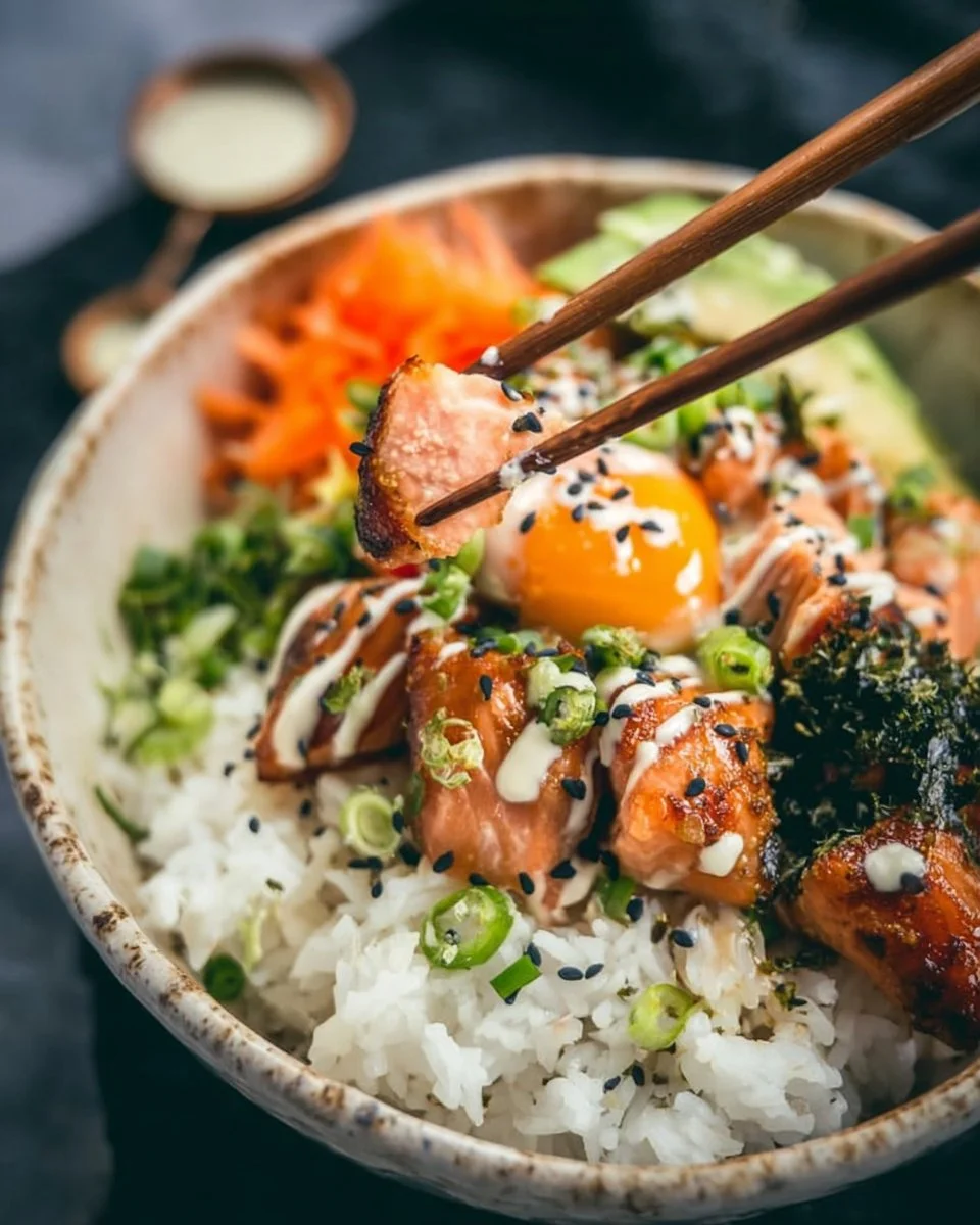 Crispy salmon served over a steaming rice bowl with fresh vegetables.